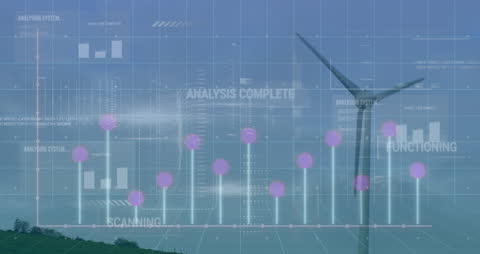 Futuristic Interface Animation Over Spinning Wind Turbine