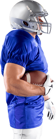 Transparent side view of football player in uniform holding ball