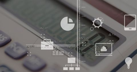 Digital interface overlay on calculator featuring media and gear icons