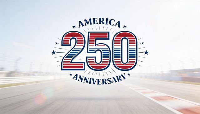 America 250 anniversary patriotic racing emblem over speedway track background