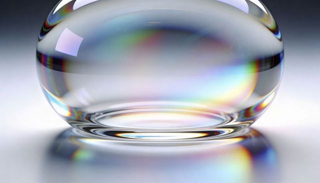 Crystal glass lens ball refracting rainbow light on smooth tabletop
