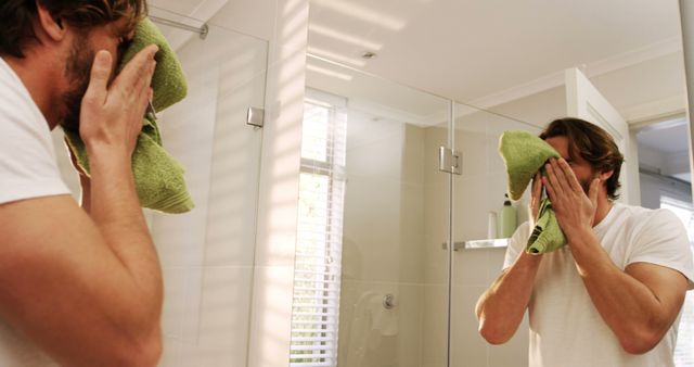 Man following a morning grooming routine in a bright bathroom, using a green towel for a refreshing start to the day. Great for lifestyle, self-care, and personal hygiene themes, as well as advertising products related to bathroom furnishings, grooming products, or healthy routines.