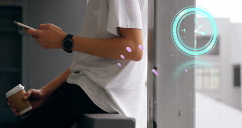 Businessman Using Smartphone with Animated Digital Clock Interface