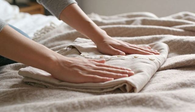 Hands folding linen shirt on cozy bed for minimalist wardrobe and home care