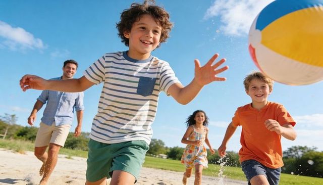 Smiling kids chasing colorful beach ball on sunny shore with laughing father, summer fun