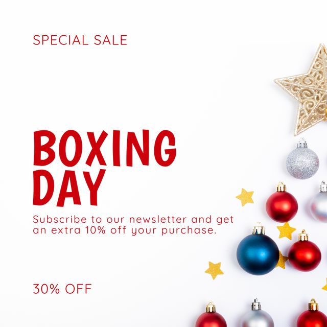 Festive marketing poster promoting a Boxing Day sale with an additional 10% discount for newsletter subscribers. Ideal for holiday season sales campaigns to attract customers. Features elegant Christmas decorations, including a golden star and colorful ornaments, enhancing visual appeal for retail businesses.