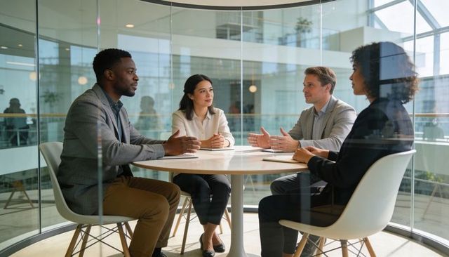 Discussing project strategy in modern glass meeting pod with diverse team at round table