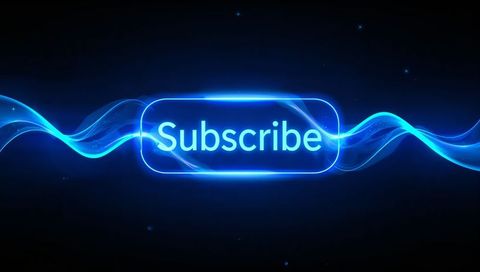 Glowing neon subscribe button floating on blue waveform with sparkling light effects