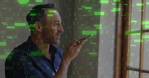 Man speaking into smartphone with green binary code overlay for voice ai and cybersecurity