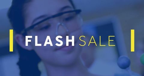 Flash Sale Advertisement with Science Theme on Blue Background