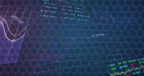 Executive analyzing holographic market charts with hex grid overlay and 17.67% growth