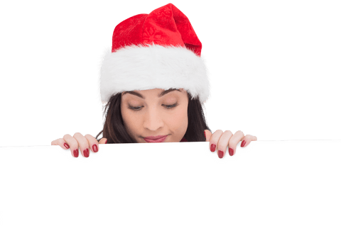 Brunette Woman in Santa Hat Holding Blank Poster on Transparent Background - Download Free Stock Videos Pikwizard.com