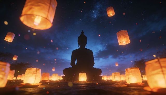 Buddha Meditating Among Floating Lanterns and Glowing Embers Under Starry Night