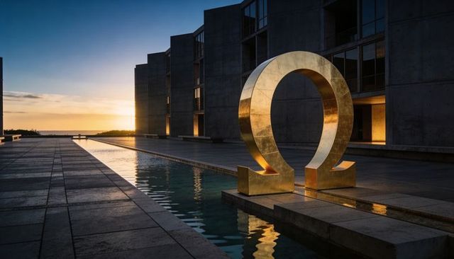 Golden omega sculpture reflecting in long pool at modern courtyard during sunset