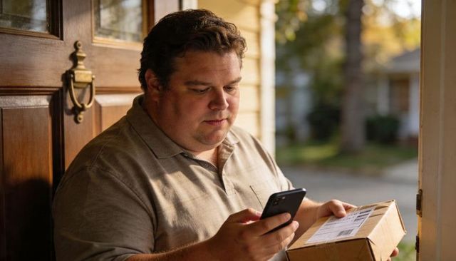 Man checking smartphone while holding parcel on porch at suburban doorstep, delivery moment