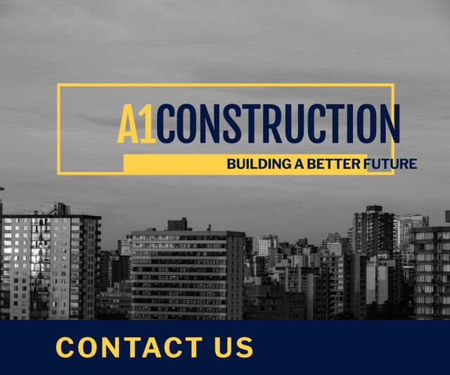 Bold image of city skyline with prominent call-to-action invites potential clients to contact construction services. Ideal for business advertisements, real estate promotions, urban development projects, and architectural showcases. Effective for marketing materials highlighting construction expertise and business outreach.