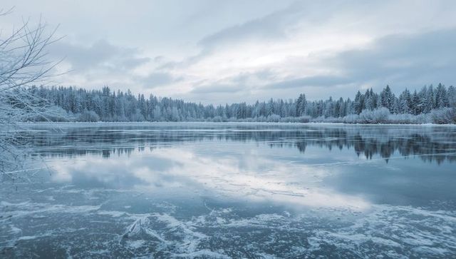 Frozen Lake with Thin Ice Reflecting Snow-Covered Conifer Forest and Frosted Branches