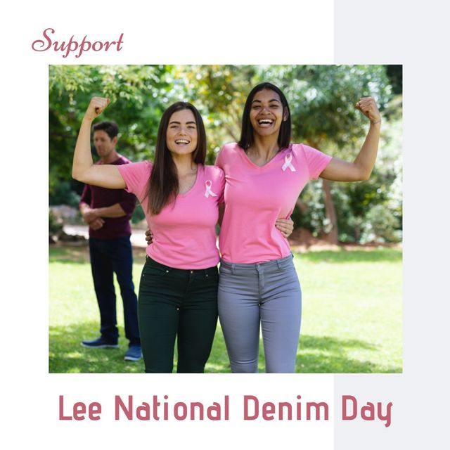 Portrait of cheerful strong multiracial female volunteers wearing breast cancer awareness ribbons. Lee national denim day, digital composite, fundraiser, support, breast cancer research, awareness.