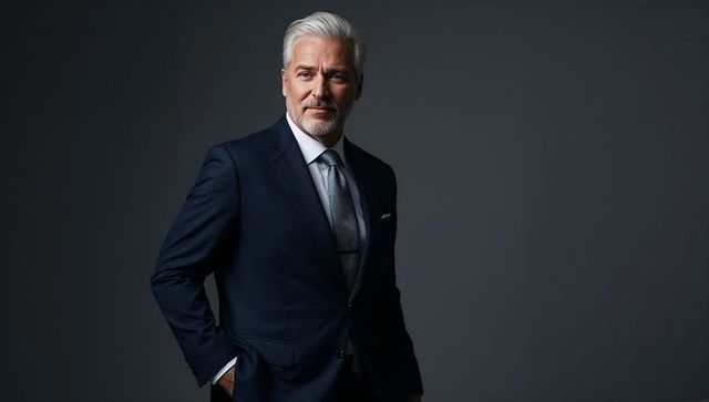 Confident Senior Man in Navy Suit Exudes Professional Elegance