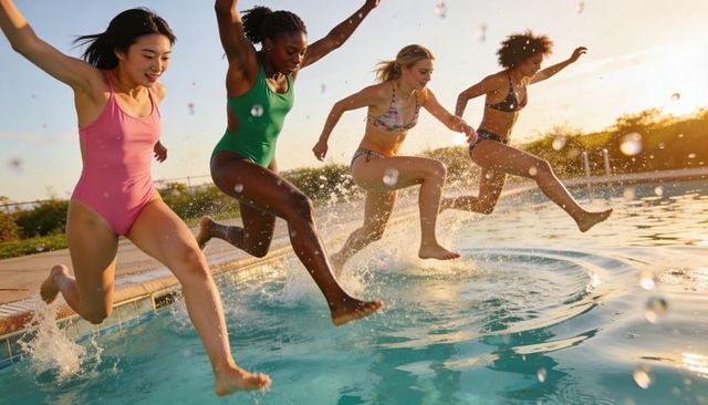 Four friends jumping into backyard pool at sunset, energetic summer splash and laughter