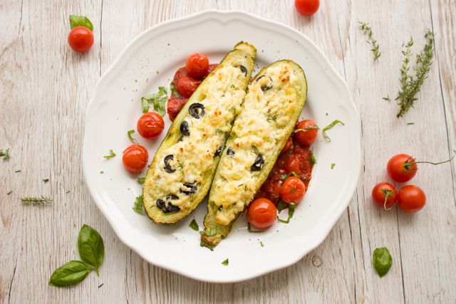 A close-up view of stuffed zucchini boats garnished with black olives and cheese, served with cherry tomatoes on a white plate. Vibrant green basil leaves add a fresh look. Suitable for cooking blogs, recipe websites, restaurant menus, and healthy eating promotions.