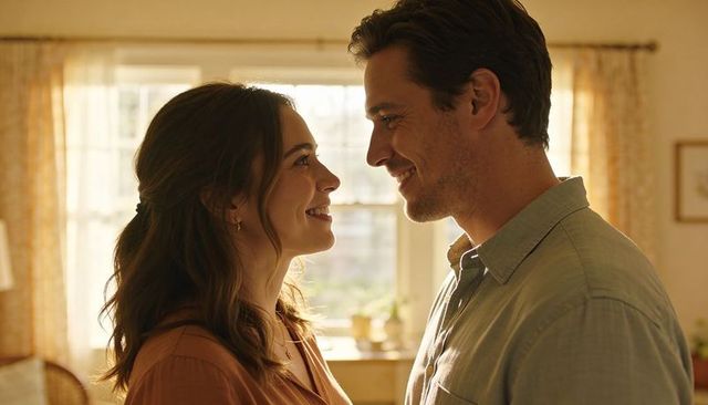 Smiling couple gazing at each other in cozy sunlit living room, warm intimate moment