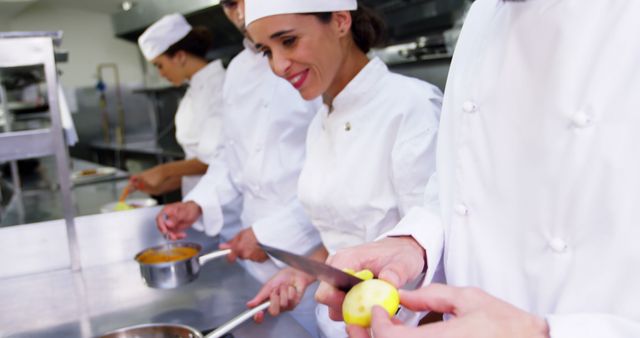 Chefs working together in a professional kitchen, creating a variety of dishes. Ideal for use in content related to culinary training, restaurant operations, cooking schools, or teamwork in professional settings.