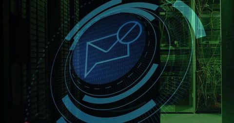 Digital envelope icon in futuristic data center environment