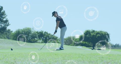 Golfer on Course with Digital HUD Display Overlaying Technology Icons