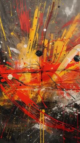 Moving camera revealing vibrant abstract painting with red and yellow splatters, glossy drips