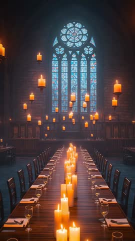 Pushing forward through gothic great hall with floating candles and stained glass windows