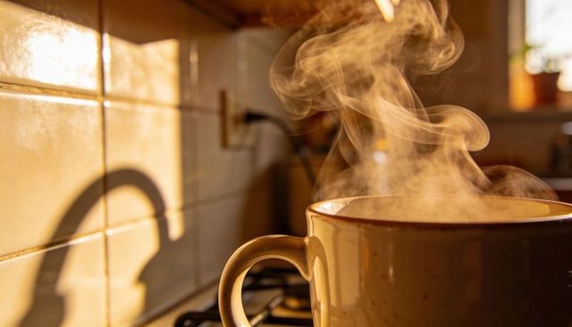 Steaming speckled ceramic mug on stovetop with sunlit steam and warm kitchen morning glow