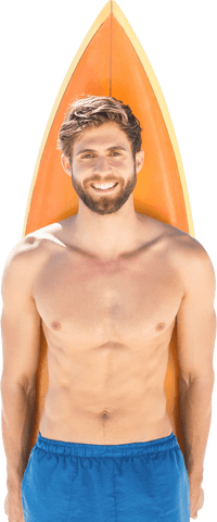 Happy surfer with surfboard on transparent background