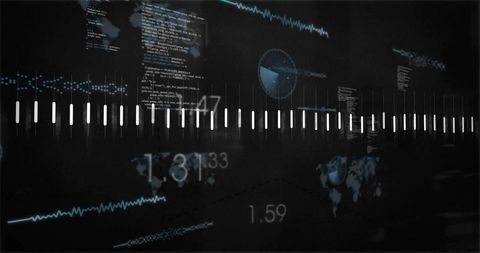 Futuristic digital dashboard with analytical data and code panels