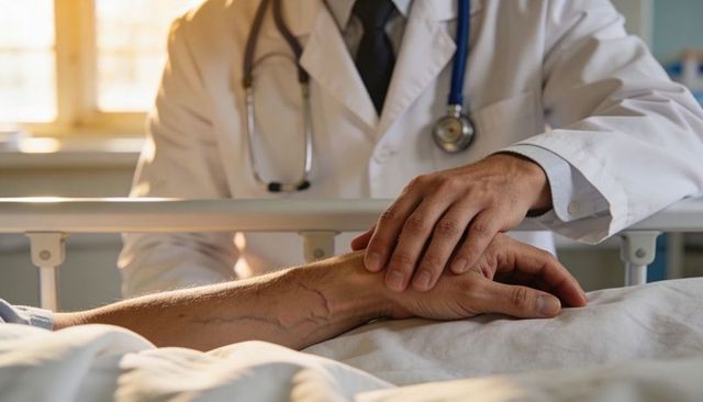 Doctor holding patient's hand at bedside conveying compassion and trust