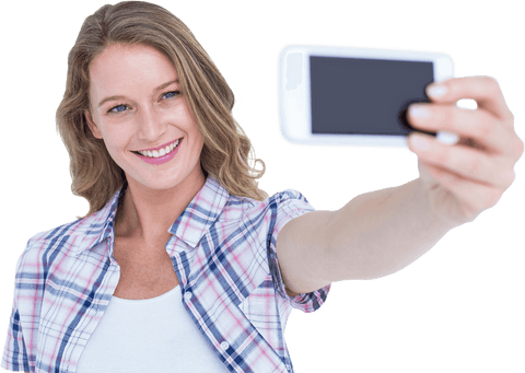 Smiling Woman in Plaid Taking Transparent Selfie with Smartphone