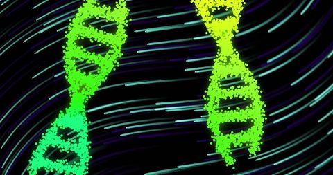 Neon green dna helices forming in futuristic digital stream
