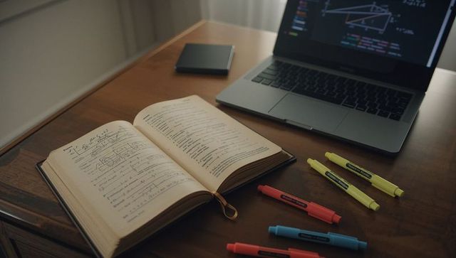Educational workspace with math notes and laptop