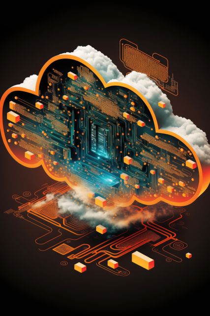 This image visualizes the concept of cloud computing with an integration of artificial intelligence and a circuit board. Ideal for using in articles, blog posts, presentations, or advertisements about digital technology, cloud services, cybersecurity, or IT infrastructure. Use it to illustrate topics on data storage, AI integration, or futuristic technology.