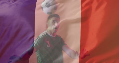 Soccer Player Heading Ball over French Flag Background