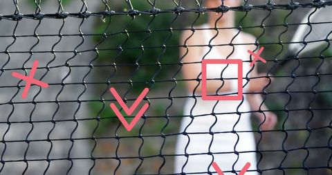 Dynamic composition: athlete behind netting with geometric graphics