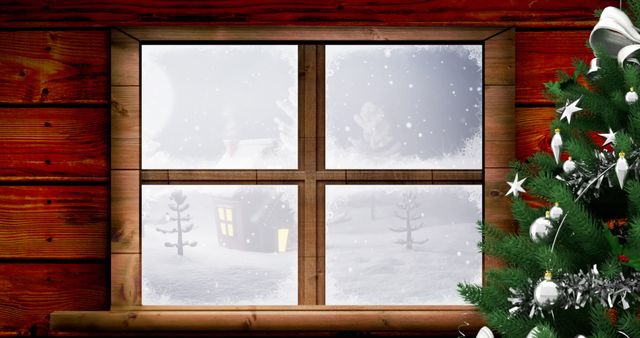 Snowfall Scene Viewed From Cozy Wooden Cabin Window with Christmas Tree - Download Free Stock Images Pikwizard.com