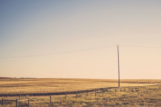 Peaceful open countryside scene featuring a single power line post standing in a vast agricultural field. Warm, pastel tones evoke a sense of calm and tranquility, with an expansive horizon stretching under a clear sky. Ideal for depicting serene rural life, concepts of solitude, sustainable energy, and minimalist landscapes.