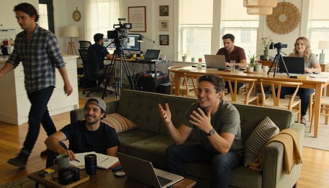 Video production team collaborating in modern loft studio with cameras and live streaming