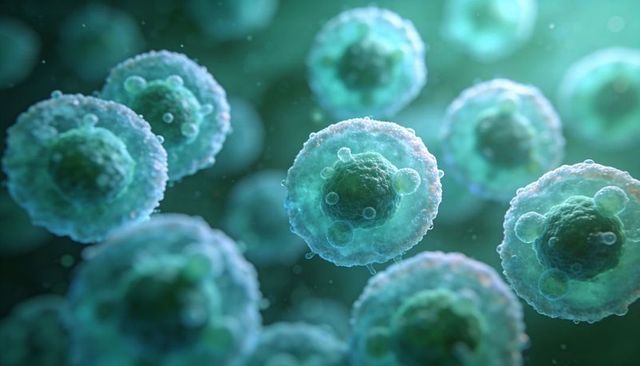 3d microscopic render of stem cells floating in fluid with textured membranes and vesicles