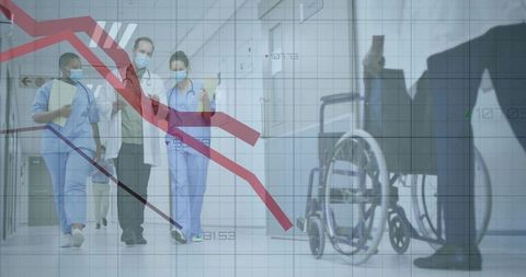 Healthcare team strategizing with data analytics in hospital corridor