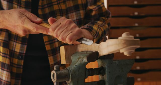 Craftsman Carving Wood in Workshop Using Chisel - Download Free Stock Images Pikwizard.com