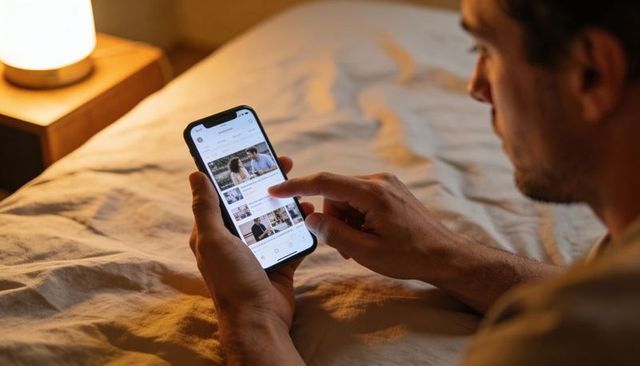 Adult man holding smartphone in bed at night tapping screen bedside lamp cozy evening glow