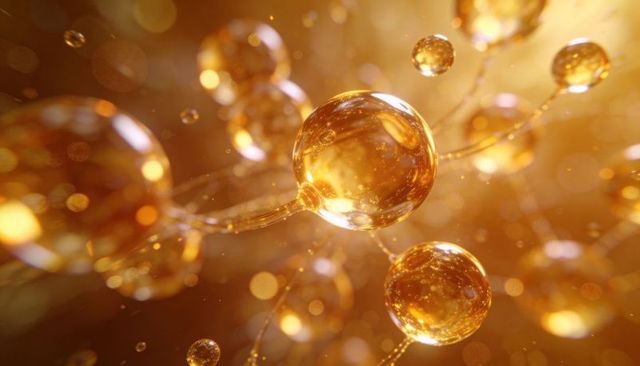 Glowing golden molecular orbs with filaments and microbubbles in bokeh macro composition