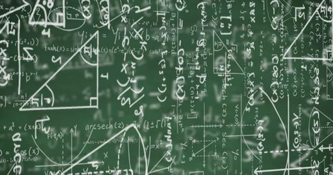 Digital equations and mathematical concepts on green chalkboard